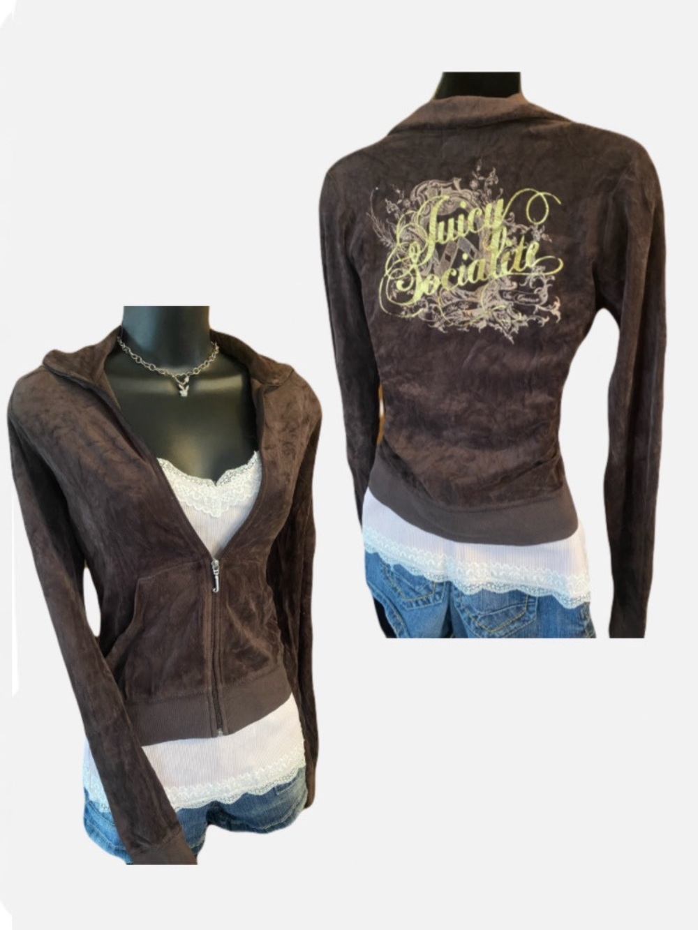 Y2k Juicy Couture ‘Juicy Socialite’ Chocolate Brown & Gold Velour Zip Up Jacket